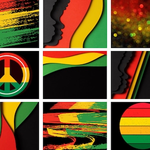 May include: Nine different digital designs featuring red, yellow, and green colors. The designs include a peace sign, a sunset, and abstract shapes.