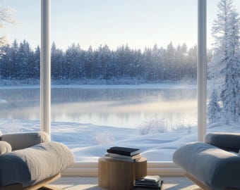 May include: Two gray upholstered armchairs face a large bay window overlooking a snow-covered landscape with a frozen lake and pine trees. A small cylindrical wooden side table sits between the chairs, holding a stack of books. Text reads CURATE YOUR VIBES.
