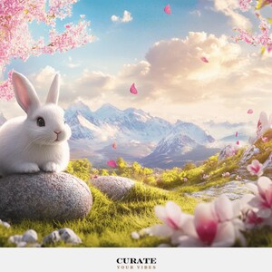 May include: A white rabbit sits on a gray stone in a grassy field with pink flowers and floating petals. In the background, snow-capped mountains rise under a blue sky with clouds. The text "CURATE YOUR VIBES" is printed at the bottom.