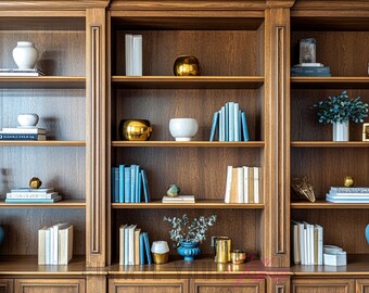 Walnut & Blue Bookshelf Zoom Background | Professional Home Office Backdrop for Virtual Google Meet, Teams, Business Backdrop