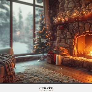 Op de afbeelding: Een gezellige binnenruimte met een stenen open haard met een brandend vuur, een kerstboom versierd met warme lichtjes, een groot raam met uitzicht op een besneeuwd landschap en een getextureerd tapijt op een houten vloer. De tekst CURATE YOUR VIBES is zichtbaar.