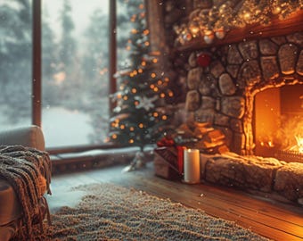 Cozy Winter Cabin Zoom Background With Rustic Fireplace, Snowy Forest (Digital Download)