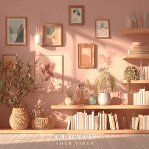May include: A warm-toned room with wooden shelves and framed artwork. The shelves display books, plants, and decorative items. The wall is adorned with framed art and a floral design. The text "CURATE YOUR VIBES" is at the bottom.
