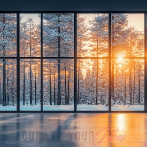 Winter Sunrise Zoom Background: Modern Office Window View (PNG)