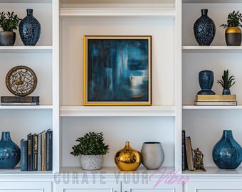 Blue  Gold Modern Home Office Backdrop | Contemporary Bookshelf Professional Background Zoom | Virtual Background Elegant Shelves