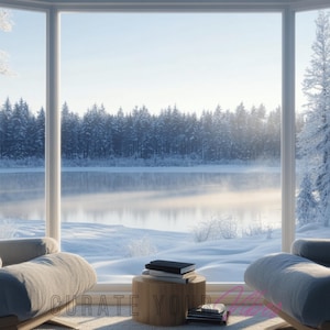Cozy Winter Zoom Background Serene Snowy Forest & Lake View | Zoom Home Office Backdrop | Living Room Teams Backdrop Minimalist Background