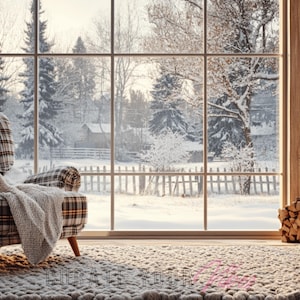 Könnte beinhalten: Ein karierter Sessel mit einer weißen Decke steht vor einem großen Fenster mit Blick auf eine verschneite Winterlandschaft. Das Fenster ist in neun Scheiben unterteilt und die schneebedeckten Bäume und Häuser sind durch das Glas sichtbar.
