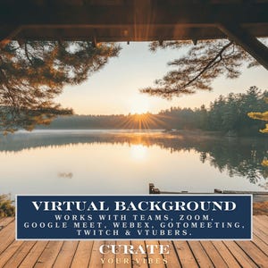 Lake Cabin Mountain View Zoom Background | Rustic Cabin Porch Sunrise Scene Teams Background Summer Vibes | Instant Download