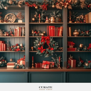 May include: A dark teal bookshelf decorated for the holidays with red books, a central green wreath with a red bow, gold ornaments, red poinsettias, wrapped gifts, and brass candle holders. The text CURATE YOUR VIBES is at the bottom.