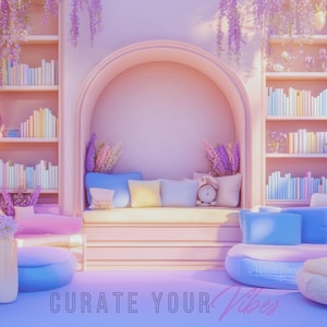 Pastellfärgad läshörna i Cottagecore: Feminin virtuell bakgrund (digital nedladdning)