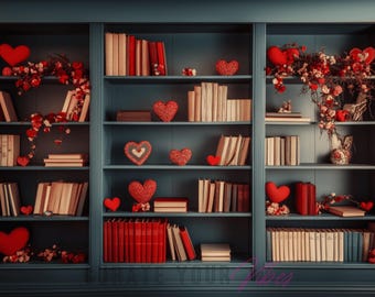 May include: A dark blue bookshelf with six shelves filled with books and red heart decorations. The shelves are decorated with red hearts and flowers.