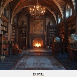 May include: A library interior featuring dark wood bookshelves, a stone fireplace with a burning fire, a large chandelier, two globes on stands, and a patterned rug on a stone floor. The text "CURATE YOUR VIBES" is printed at the bottom of the image.