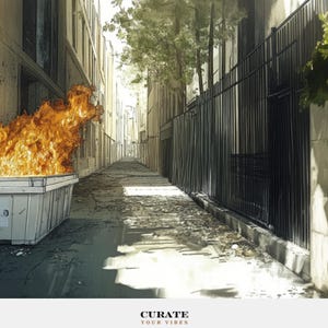 May include: A digital illustration of a white dumpster engulfed in bright orange and yellow flames situated in a narrow urban alleyway. The scene features tall buildings, a black metal fence, and trees, with the text CURATE YOUR VIBES at the bottom.