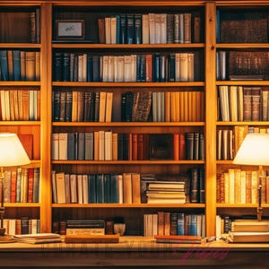 Può includere: Una libreria in legno con più ripiani pieni di libri. Due lampade con paralumi bianchi sono sul tavolo davanti alla libreria. La libreria è in una stanza con pavimento in legno.
