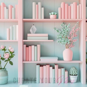 May include: A pink bookcase with multiple shelves filled with books in shades of pink and blue. The bookcase is decorated with potted plants and flowers.
