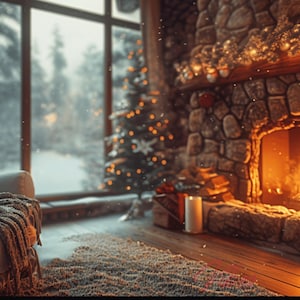May include: A cozy living room with a lit fireplace, a Christmas tree, and a window overlooking a snowy landscape. The room is decorated with festive lights and garlands.