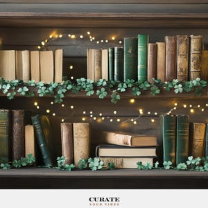 May include: A wooden bookshelf containing rows of vintage books in shades of green, brown, and beige, accented by a string of warm white fairy lights and a decorative garland of green clover leaves draped across the shelves.