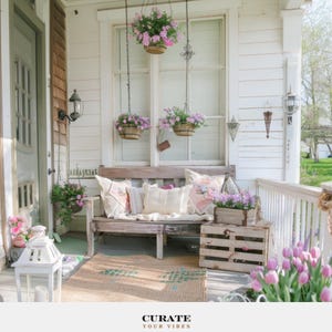 Könnte beinhalten: Eine hölzerne Verandabank mit cremefarbenen Kissen vor einem Fenster mit hängenden Blumenkörben voller rosa und violetter Blüten. Eine Holzkiste, eine weiße Laterne und ein gewebter Teppich ergänzen das Dekor. Der Text lautet: CURATE YOUR VIBES.