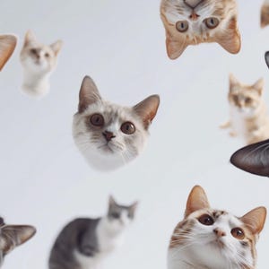 Könnte beinhalten: Eine Sammlung von neun Katzen, die in die Kamera schauen. Die Katzen sind verschiedener Rassen und Farben, darunter Tabby, Kaliko und Schwarzweiß. Einige der Katzen sind auf dem Kopf stehend, während andere aufrecht stehen.