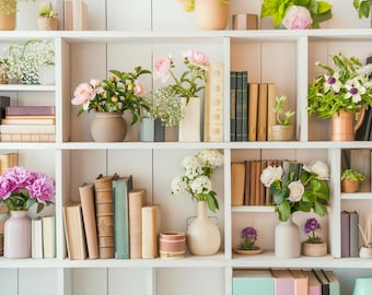 Zoom Background Elegant Spring Interior, Cottagecore Spring Bookshelf Backdrop