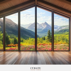 Fondo virtual de oficina con vista a la montaña en verano / Fondo de Zoom con cabaña con techo a dos aguas / Descarga instantánea