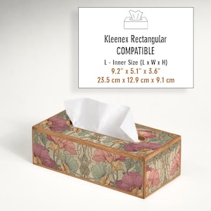 May include: Rectangular tissue box with a floral pattern in pink, green, and yellow. The box is compatible with Kleenex rectangular tissues. Inner size is 9.2" x 5.1" x 3.6".