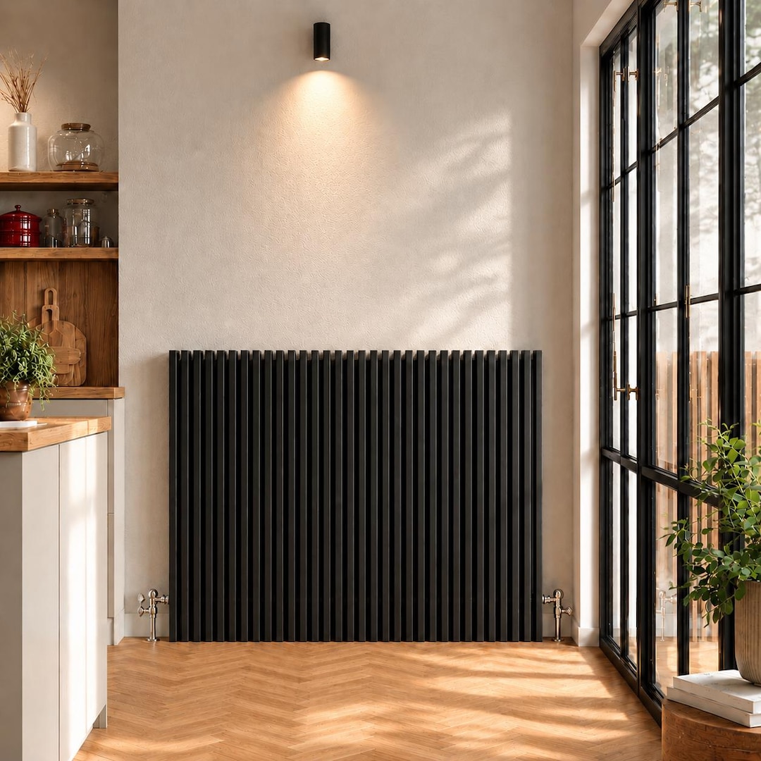 Radiator Cover Vertical Slat Heater Screen, Black, White or Wood Tones ...