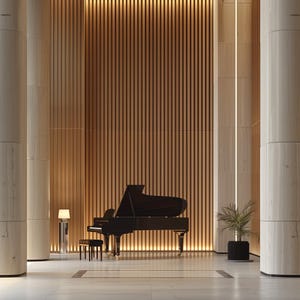 May include: A grand black piano is centered in a well-lit room with a wooden slatted wall. The room features large, light-colored pillars and a small stool in front of the piano. A small potted plant sits to the right of the piano.