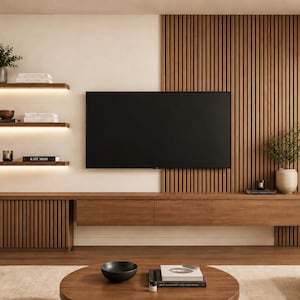 Pode incluir: Um móvel de madeira para TV montado na parede com detalhes de ripas verticais, posicionado abaixo de uma televisão de tela plana. A unidade inclui um painel de parede de ripas a condizer, três prateleiras flutuantes com luz e uma mesa de centro.