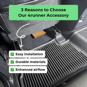 May include: Interior view of a vehicle's floor and seat area. The image highlights a black floor mat with a grooved design and a tan-colored accessory. Text on a green background reads "3 Reasons to Choose Our 4runner Accessory" with bullet points for easy installation, durable materials, and enhanced airflow.