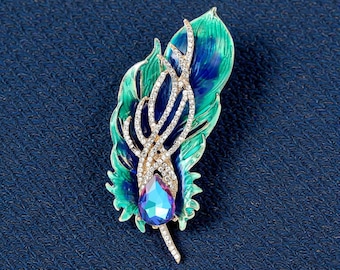 Women Rhinestone Feather Brooch, Unisex Backpack Pin, Fashion Jewelry Gift for Her