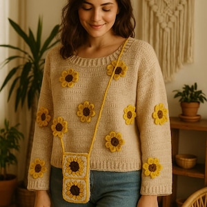 Sunflower Knit Cardigan, Summer Sweater, Cottagecore Gift, Handmade Chunky Crop Cardigan, Aesthetic Knitwear for Girls