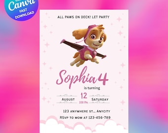 Paw-ty Birthday Invitation for girls birthday pink sky Puppy Patrol Pup invite layout Canva instant Download, Kids Printable Party