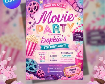 Sjabloon voor een verjaardagsuitnodiging voor een filmavond | Bioscoopfeestje, popcorn verjaardagsuitnodiging, bewerkbare bioscoopuitnodiging in Canva-formaat