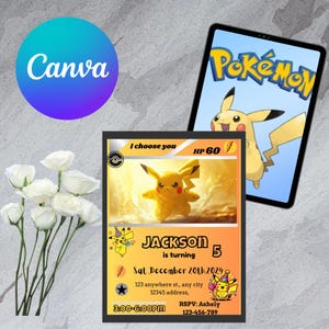 Pika chu Editable and Printable Birthday Invitation | Awesome Poke mon Trading Card Template | Premium Birthday Invites | Editable in Canva
