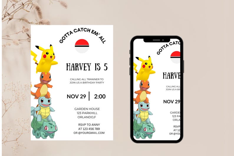 May include: A Pokemon-themed birthday invitation for a 5-year-old boy named Harvey. The invitation features a red and white Pokeball, a yellow Pikachu, and other Pokemon characters. The invitation includes the date and time of the party, the location, and RSVP information.