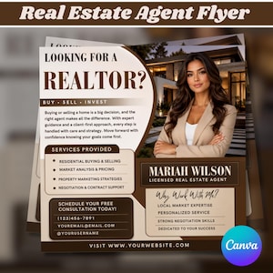 May include: A real estate agent flyer featuring a brown and cream color scheme. The text reads Looking for a Realtor, Buy, Sell, Invest, Services Provided, Mariah Wilson Licensed Real Estate Agent, Why Work With Me, and contact information.