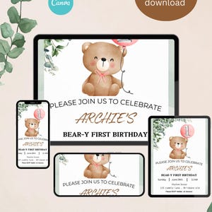 Convite de aniversário editável do urso verde, convite neutro de urso de pelúcia para qualquer idade, modelo de convite minimalista para o primeiro aniversário boho, para impressão