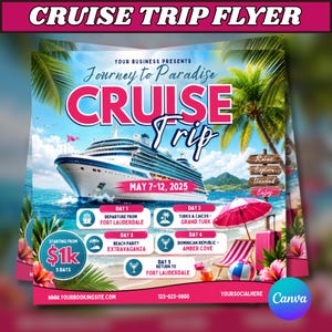 Puede incluir: Un folleto de viaje en crucero con un gran barco blanco sobre agua azul, palmeras, una sombrilla de playa rosa y una maleta rosa. El texto incluye Journey to Paradise, Cruise Trip, May 7-12, 2025, y un itinerario diario desde 1k$.