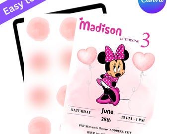 Editable Minnie Mouse Birthday Invitation, Pink Polka Dot (digital ...
