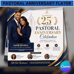 Op de afbeelding: Een flyer voor een pastoraal jubileum met een foto van een echtpaar, gouden en marineblauwe accenten en tekst ter ere van 25 jaar dienst. Het bevat evenementdetails voor zondag 26 oktober 2025 in het Grace & Truth Worship Center in Atlanta, GA.