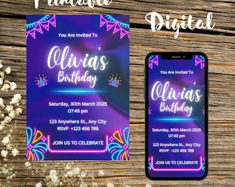 Neon Lights Birthday Invite, Lets Party invitation, Glow Party, Neon Birthday Invitation, Editable Canva Template, Any Age, Custom Text