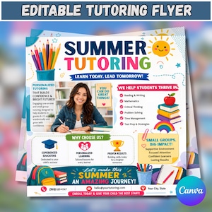 Könnte beinhalten: Ein bunter, bearbeitbarer Sommer-Nachhilfe-Flyer mit dem Text Summer Tutoring, Learn Today, Lead Tomorrow und Let's Make This Summer An Amazing Journey. Er enthält Grafiken von Stiften, Büchern, einer Sonne, einem Regenbogen und einer schreibenden Person.