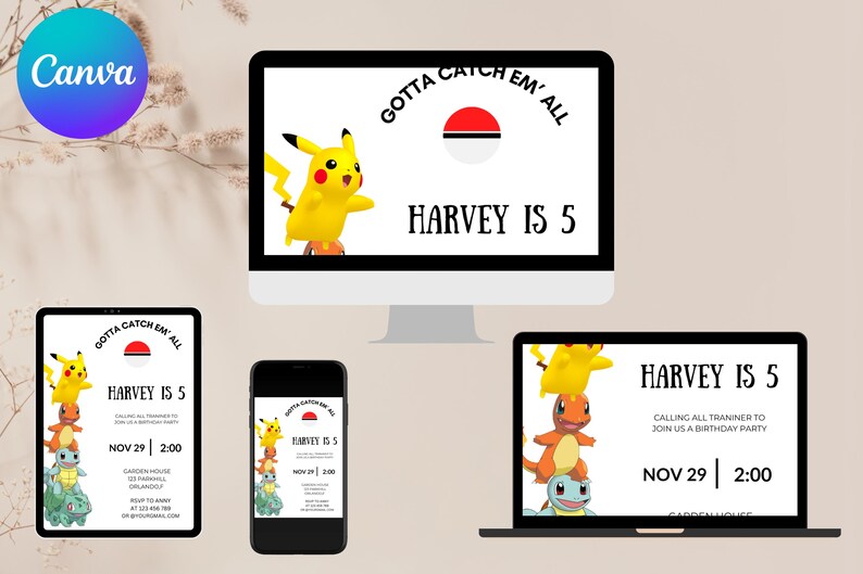 May include: A digital invitation for a birthday party featuring a cartoon image of Pikachu and other Pokemon characters. The invitation reads "Gotta Catch Em' All" and "Harvey is 5". The date and time of the party are listed as "Nov 29 | 2:00".