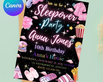 Sleepover Birthday Invitation, Printable Sleepover Invite, Slumber Party, Pajama Party, Retro Neon Light Editable Template, Instant Download