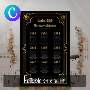 Puede incluir: Plano de asientos negro y dorado de estilo art déco para una celebración de 50 cumpleaños. El gráfico, con el texto "Editable 24 x 36 in.", incluye nueve mesas con nombres de invitados y mide 61 x 91 cm.