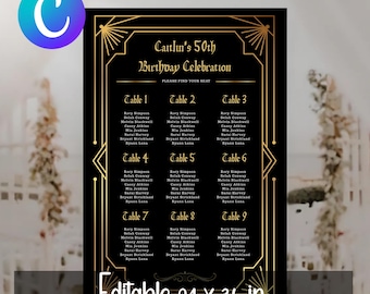 Editable Birthday Seating Chart, Black Gold Seating Sign, Elegant Birthday Sign, Printable Template Design