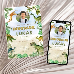 Dinosaurier mit Partyhut Einladung, benutzerdefiniertes Gesicht Foto einladen Dinosaurier Geburtstag, drei Rex Bday Dino Party einladen druckbare digitaler Download