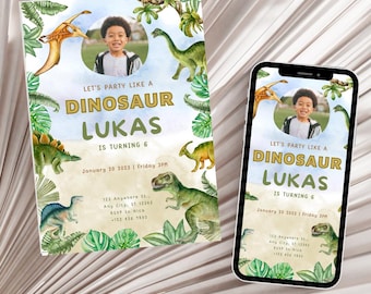 Dinosaur with Party Hat Invitation, Custom Face Photo Invite Dinosaur Birthday, Three Rex Bday Dino Party Invite Printable Digital Download