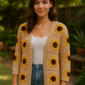 Handmade Crochet Sunflower Cardigan - Boho Floral Sweater, Eco-Friendly Cotton, Cozy Spring Festival Fashion